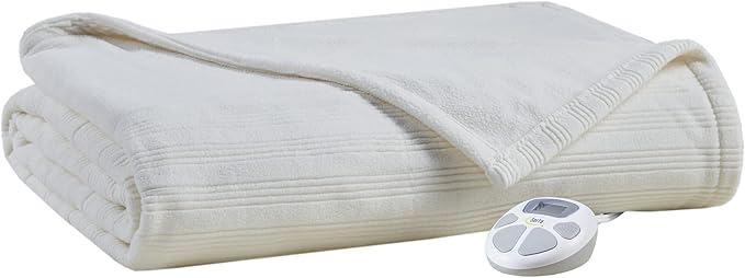Serta Travis Fleece Ultra Soft Tri-Rib Textured Electric Blanket, Cozy and Snuggly Cover Fast Heating for Cold Weather, Auto Shut Off, Multi Heat Setting Controller, Queen, Cream