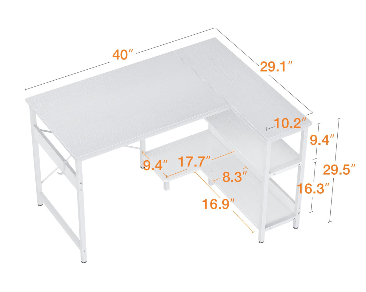 ODK 40 Inch Small L Shaped Computer Desk, Corner Desk with Reversible Storage Shelves, Modern Simple Writing Study Table with Iron Hook, White