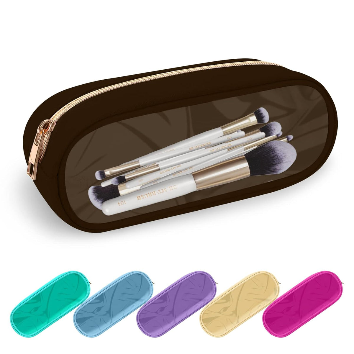 Clear Small Pencil Pouch Makeup Bag for Purse,Nylon&PVC Pencil Case Waterproof Makeup Brush Holder with Zipper,Preppy Transparent Pen Bag Travel Cosmetic Bag for Women Office(Slim-Chocolate)
