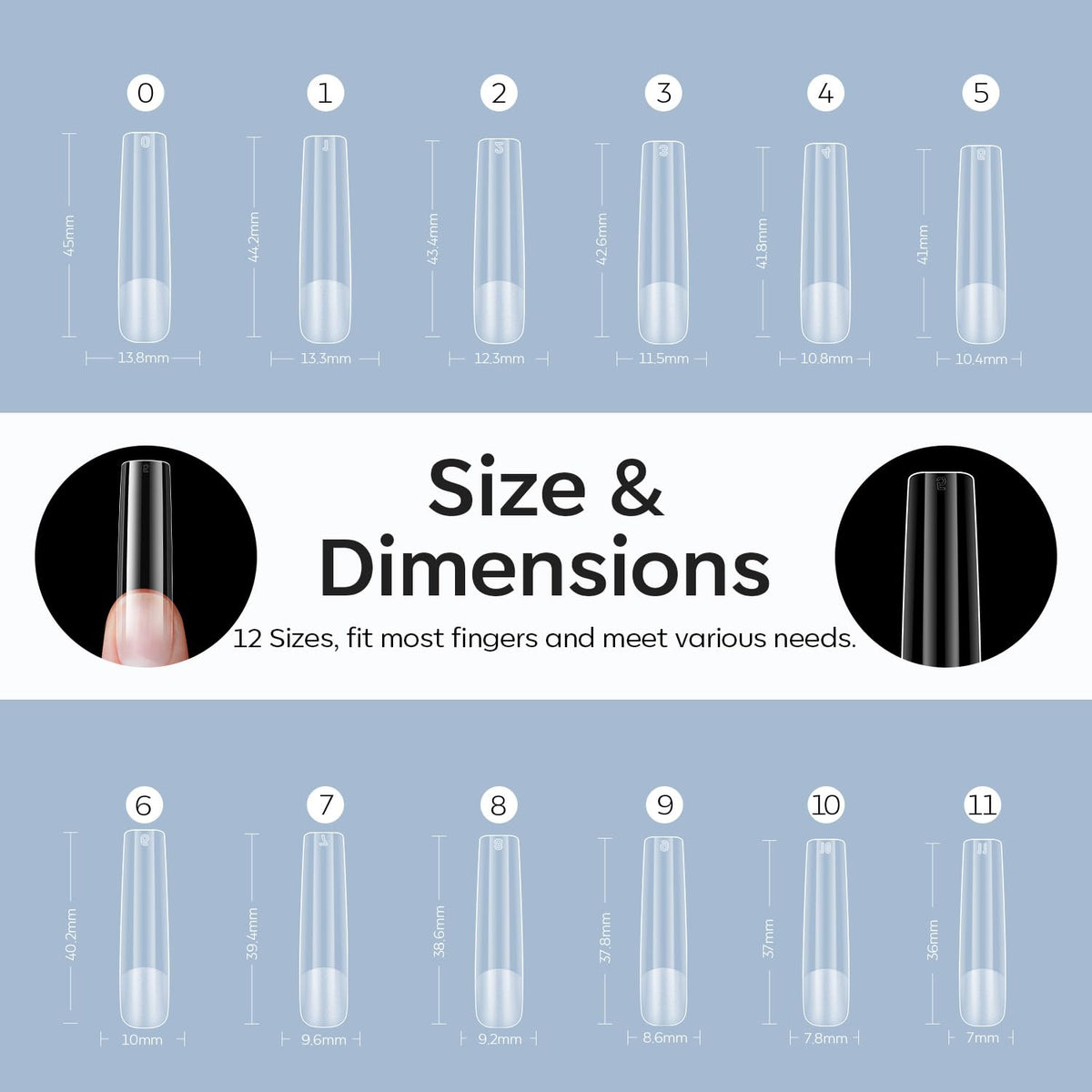 Modelones Long Square XXL Fake Nail Tips - 504Pcs Gel Tips Pre-shaped Half Matte Full Cover Clear Acrylic Gel Kit False Press on Nails for Extension DIY Salon 12Sizes