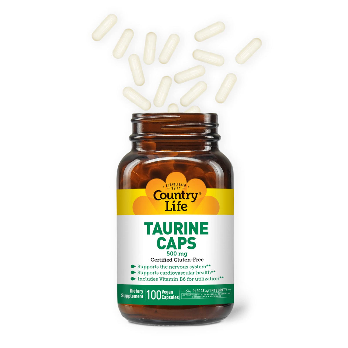 Country Life Taurine Supplement 500mg - Supports Cardiovascular and Nervous System- 100 Capsules