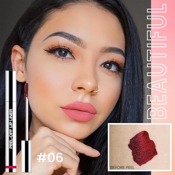 Matte Lip Stain Peel Off Lip Liner, Pink Red Peel Off Lip Stain Tattoo,Long Lasting & Waterproof Peel Off Lip Gloss Lip Liner,Transfer-Proof All Skin Types.0.12 fl oz #06