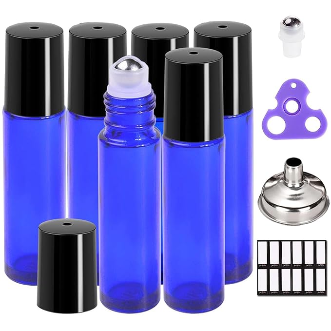 PrettyCare 6 Pack, 10 ml Essential Oil Roller Bottles with Stainless Steel Roller Ball - Refillable Leak-proof Empty Thick Blue Glass Roll on Bottles with Black Caps for Travel, Perfume