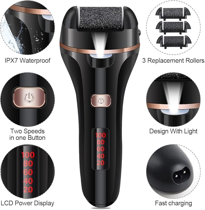 Electric Foot File Callus Remover, Rechargeable Pedicure Tools Foot Care Kit, Callus Remover for Feet with 3 Roller Heads,2 Speed for Remove Cracked Heels Calluses and Hard Skin