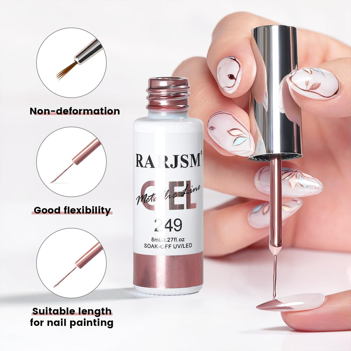 RARJSM Metallic Chrome Gel Liner Nail Art 3D Mirror Silver and Rose Gold Effect Gel Nail Polish 8ml Painting Build in Thin Brush Metal Painted Drawing Striper Gel Polish Curing Requires for Home Salon