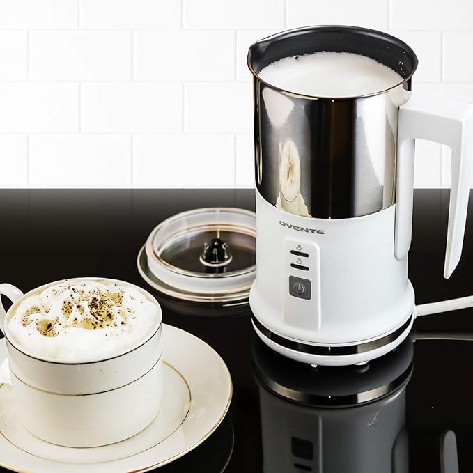 OVENTE Milk Frother Non-Stick Stainless Steel Electric Portable Auto Shut-Off Function, Hot and Cold Foam Perfect Warmer for Coffee Latte Cappuccino Chocolate, White FR1208W