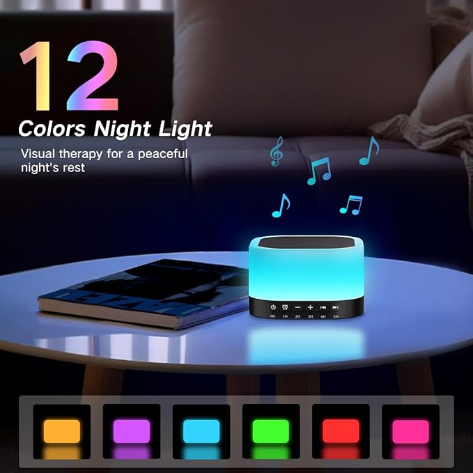 SleeZOO Sound Machine White Noise Machine with 25 Soothing Sounds 12 Colors Light with 10 Adjustable Levels 32 Adjustable Volumes 5 Timers Portable Sleep Machine for Adults Kids Baby (Black)