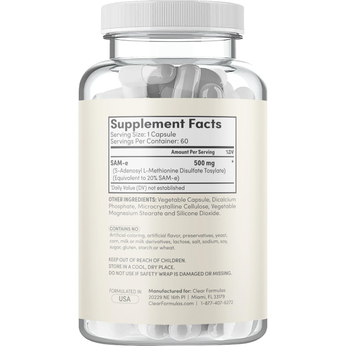 Clear Formulas Bioactive SAM-e 500mg - High Strength SAM-e Supplement with Biologically Active S,S Form for Liver and Mood Support - Vegan Non-GMO Preservative Free - Made in the US (60 Servings)