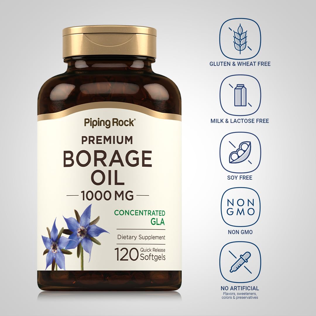 Piping Rock Borage Oil Supplement 1000mg | 120 Softgel Capsules | Omega 3 6 9 | Cold Pressed and Hexane Free | Non-GMO, Gluten Free