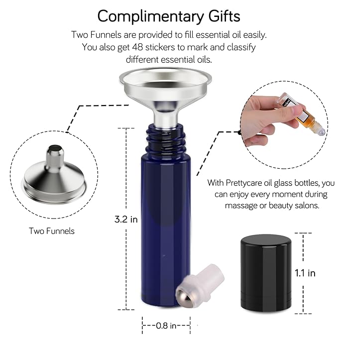 PrettyCare 6 Pack, 10 ml Essential Oil Roller Bottles with Stainless Steel Roller Ball - Refillable Leak-proof Empty Thick Blue Glass Roll on Bottles with Black Caps for Travel, Perfume