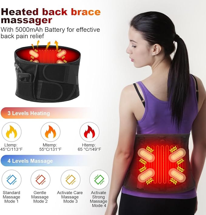 Cordless Heating Pad Back Massager Brace for Lower Back Pain Relief, Heated Back Brace Vibration Wrap with Rechargeable Battery, Warmer Lumbar Support Belt with Massage for Cramps (L)