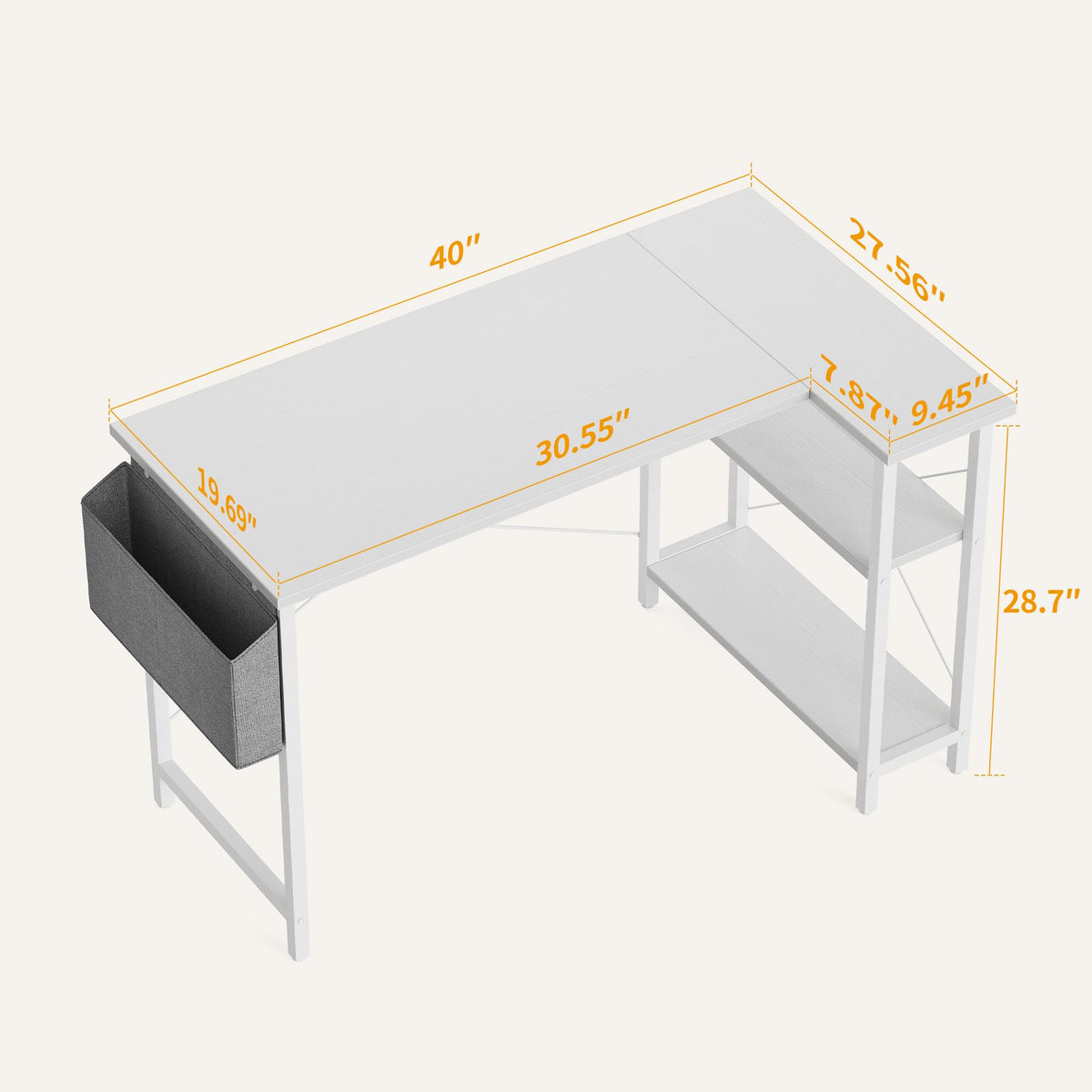 TENKIA L Shaped Desk, 40" Small Reversible Corner Computer Desk with Storage Shelves, Home Office Desk Study Writing Table, White
