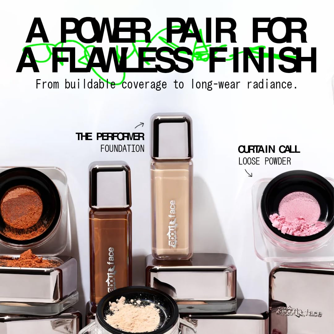 about-face Curtain Call Set & Smooth Loose Powder Bow – Lightweight, Oil-Absorbing Setting Powder with Rice Starch & Corn-Based Talc Alternative – Vegan, Cruelty-Free, – 0.35oz (Translucent)