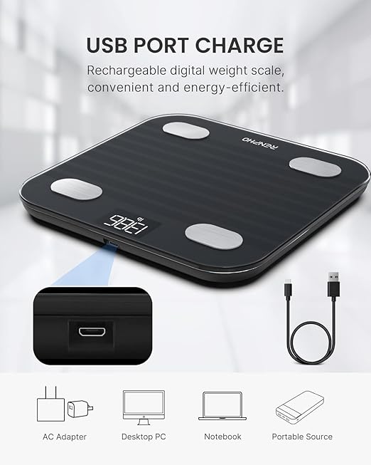 RENPHO Rechargeable Smart Scale for Body Weight, Electronic 13 Body Composition Monitors sync with App, Bluetooth Digital Bathroom Scales, Elis 1, Black, 396 lbs