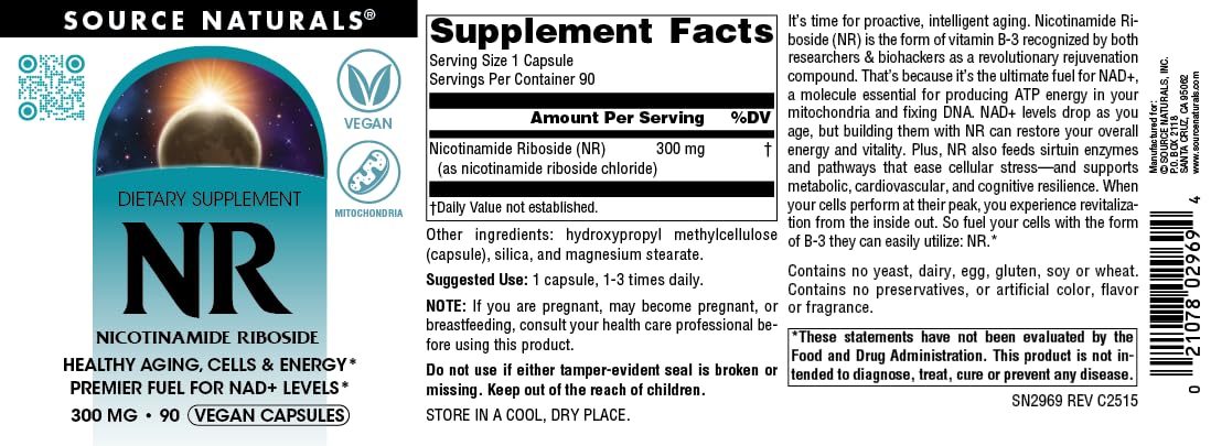Source Naturals NR, Nicotinamide Riboside, Vegan Dietary Supplement for Mitochondria, Healthy Aging, Cells & Energy*, Premier Fuel for NAD+ Levels, 300 mg - 90 Vegan Capsules