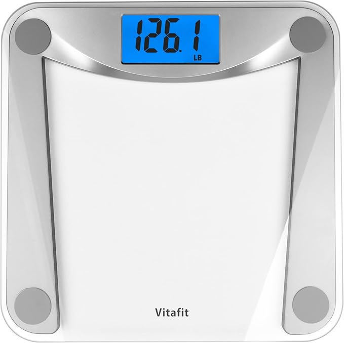 Vitafit Digital Bathroom Weight Scale for Body Weight, High Accuracy Assured by Weighing Professional Since 2001,Extra Large Blue Backlit LCD and Step-On, 400lb/180kg, Clear Glass