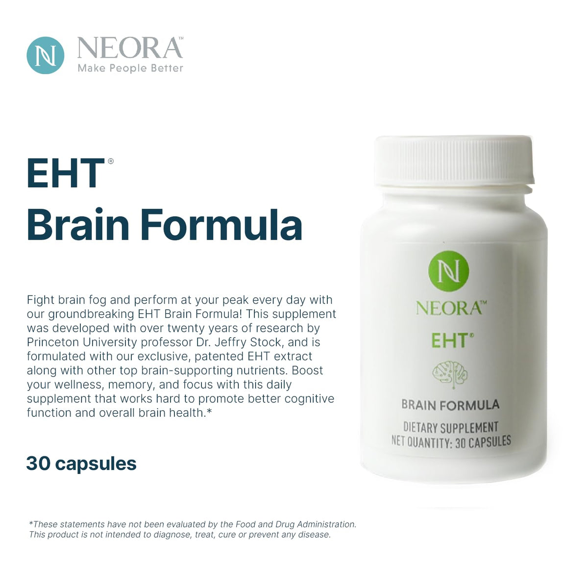 NEORA EHT - Brain Formula with EHT Extract, B6, B12, D, Alpha Lipoic Acid, Huperzine-A for Memory, Focus, Cognitive Health - 30 Capsules