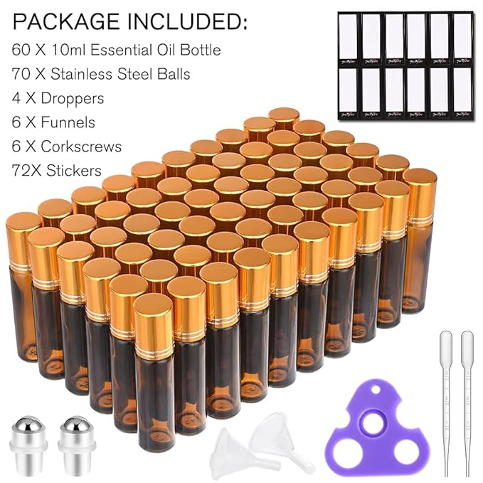PrettyCare 60 Pack, 10 ml Essential Oil Roller Bottles with Stainless Steel Roller Ball - Refillable Leak-proof Empty Thick Amber Glass Roll on Bottles with Metal Caps for Travel, Perfume