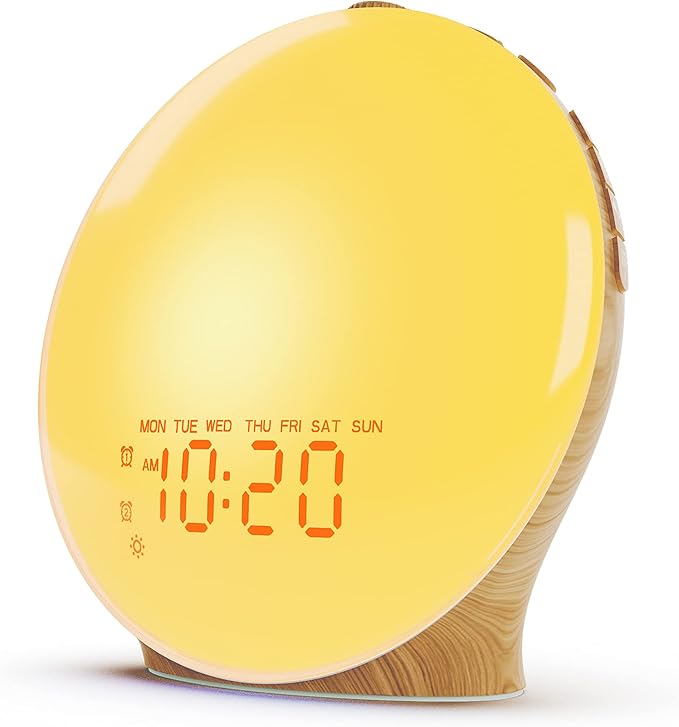 Wake Up Light Sunrise Alarm Clock for Kids, Heavy Sleepers, Bedroom, Full Screen with Sunrise Simulation, Dual Alarm, FM Radio, 15 Nightlights, 8 Sounds, Sleep Timer, Wood Grain