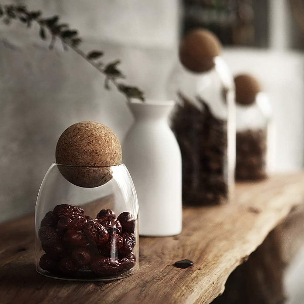 MOLFUJ 550ML/18Oz Glass Storage Container with Ball Cork, Cute Decorative Organizer Bottle Canister Jar with Air Tight Wood Lid for Food, Coffee, Candy, Bathroom Apothecary Cotton Swab Qtip Holder