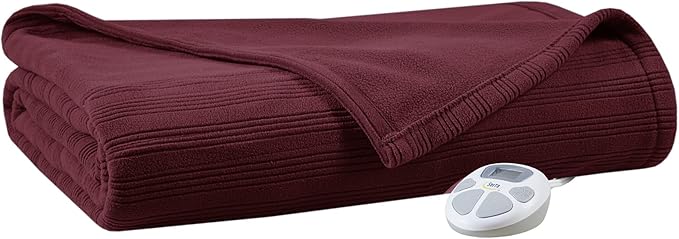 Serta Travis Fleece Ultra Soft Tri-Rib Textured Electric Blanket, Cozy and Snuggly Cover Fast Heating for Cold Weather, Auto Shut Off, Multi Heat Setting Controller, Twin, Berry Red