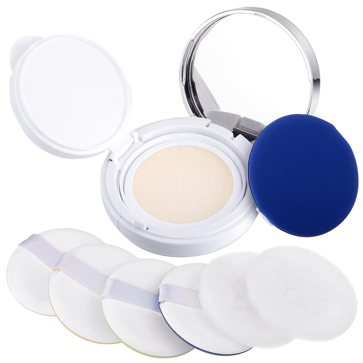 Patelai 7 Pcs 0.5oz Empty Luxurious Air Cushion Puff Box with Sponge Puff and Mirror, Portable Make-up Powder Container Case with Extra Sponges and Puffs, Refillable Foundation Bb Cream Box(Silver)
