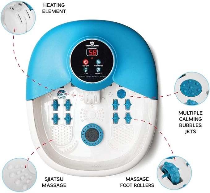 Medical king Foot Spa Massager with Heat, 14 Rollers in Foot Shape - 5 in 1 Foot Bath Massager - Adjustable Heating, Bubbles, Vibration, Pumice Stone, Mini Massage Points