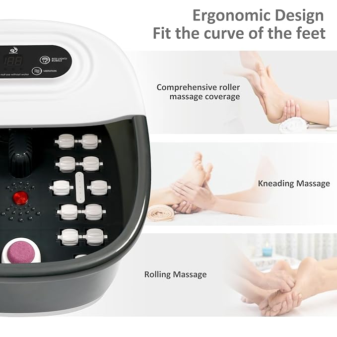 Foot Spa Bath Massager with Heat Bubbles and Vibration Massage and Jets, 16 OZ Tea Tree Oil Foot Soak Epsom Salt, Foot Soaker with Red Light, 22 Massage Rollers, Adjustable Temp -Black