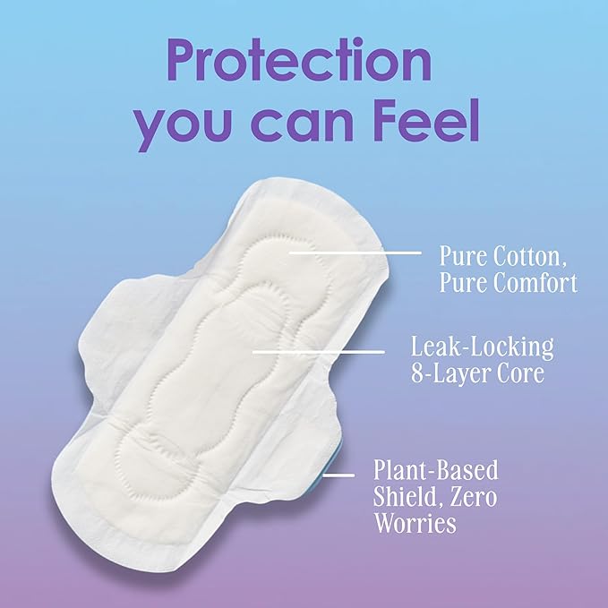August Overnight Pad with Wings, Overnight Pads for Women and Anyone Who Menstruates, 96 Long Pads with Compostable Wrappers, Toxin Free, Fragrance Free, and Hypoallergenic (6 Boxes of 16)