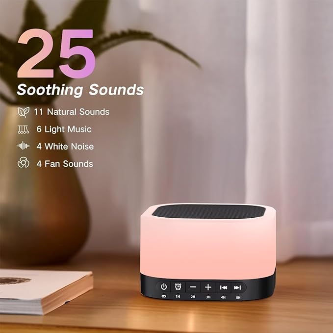 SleeZOO Sound Machine White Noise Machine with 25 Soothing Sounds 12 Colors Light with 10 Adjustable Levels 32 Adjustable Volumes 5 Timers Portable Sleep Machine for Adults Kids Baby (Black)