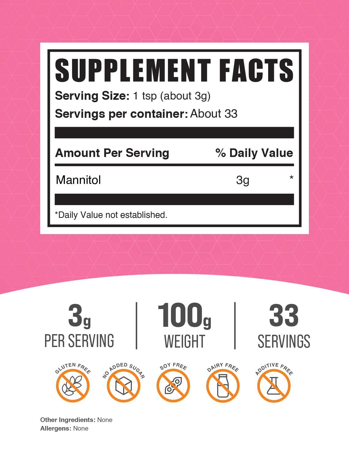 BulkSupplements.com Mannitol Powder - Mannitol Sweetener, Sugar Substitute, Mannitol Supplement, Natural & Gluten Free, 3g per Servings, 100g (3.5 oz) (Pack of 1)