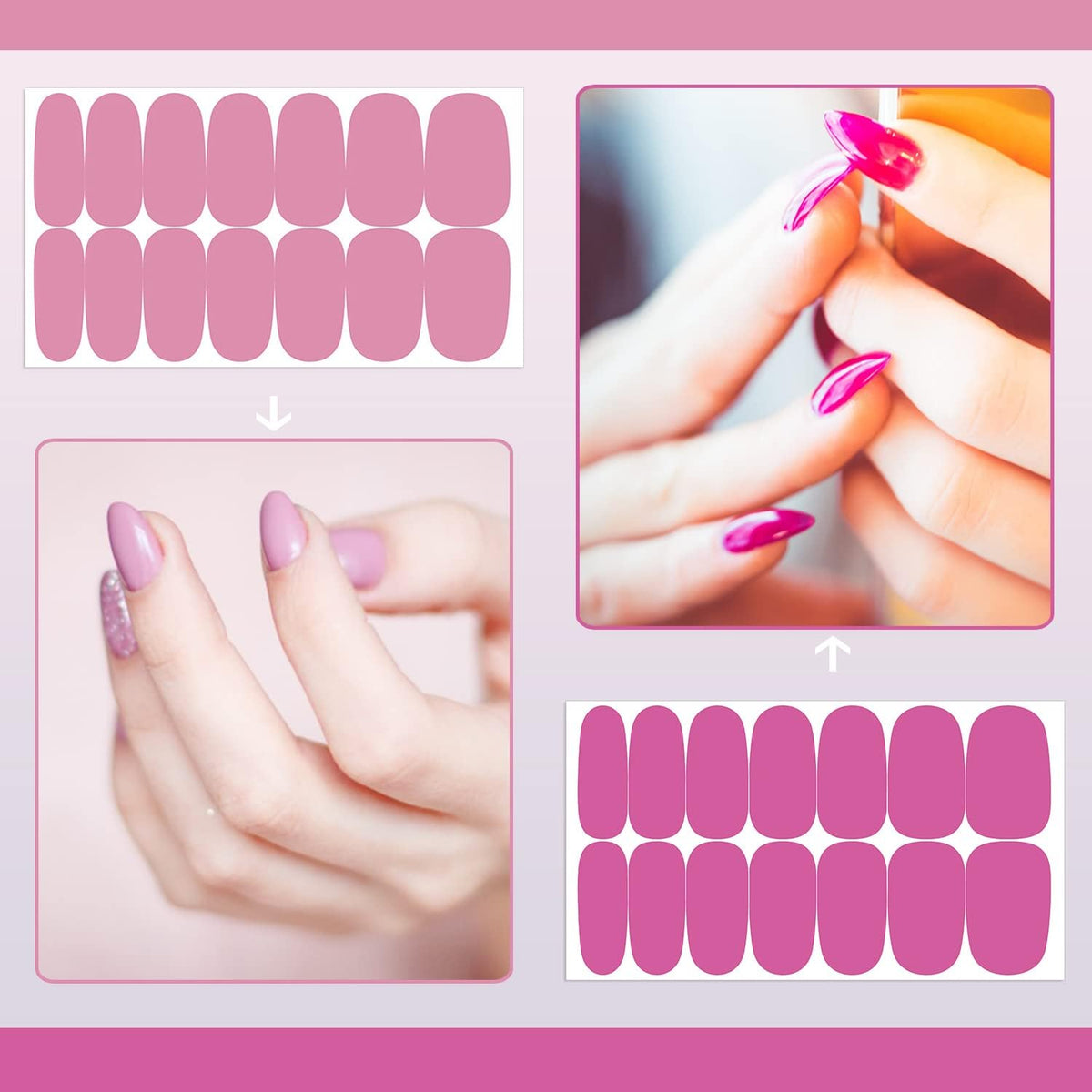 SILPECWEE Pink Nail Wraps for Women Nail Polish Strips Solid Color Glitter Self Adhesive Nail Polish Stickers Gel Nail Strips Fingernail Manicure Stickers with 1pc Nail File (16 Sheets)