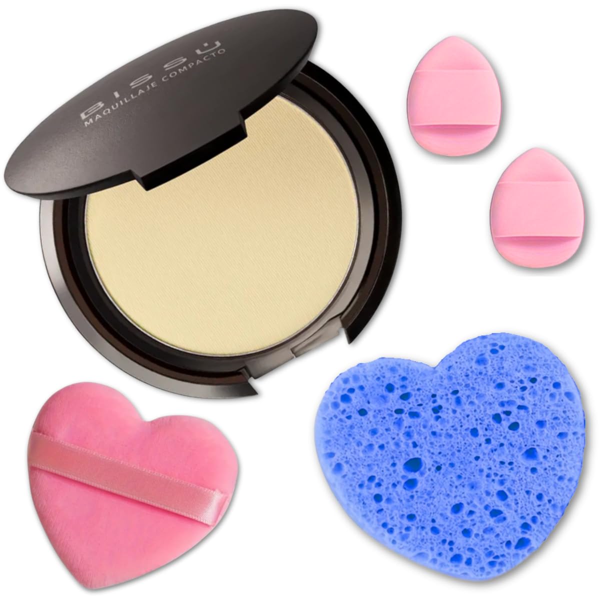 Beetbul Makeup & Exfoliation Kit - Bissú Compact Powder + 1 Medium Velvet Puff + 2 Finger Puffs + 1 Facial Exfoliating Sponge (04 Sand, One Size)