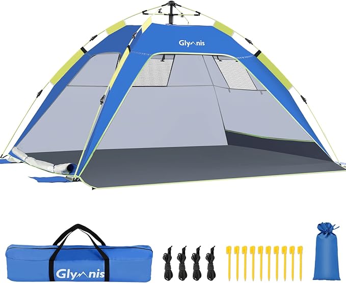 Pop Up Beach Tent Sun Shade Shelter for 3-4 Person with UPF 50+, Lightweight & Easy Setup, Vent Windows & Zippered Door, Extended Floor Family Instant Beach Tent