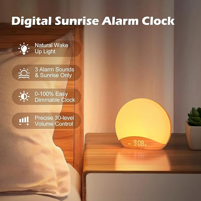 REACHER Wood Grain Sunrise Alarm Clock and Sound Machine Nightlight, Digital Dimmable Clocks for Bedroom, 26 Sleep Sounds, White Noise Machine for Baby, Adults, Wake Up Light Alarm Clock for Kids