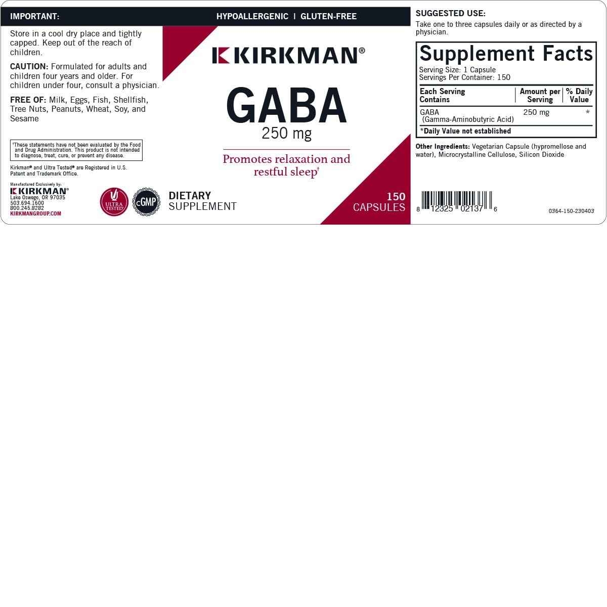 Kirkman GABA 250 mg - Hypoallergenic, 150 Capsules