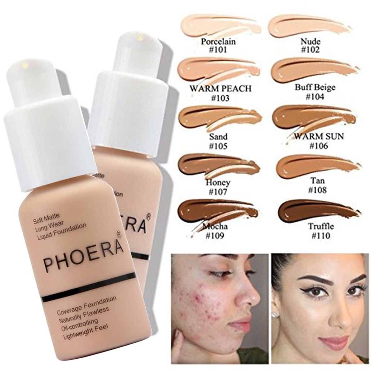 PHOERA Foundation Full Coverage,PHOERA Concealer Lightweight Full Coverage,PHOERA Makeup Long Lasting Wrinkles Matte Natural Finish for a Flawless Complexion (104 Buff Beige+104#CUSTARD)