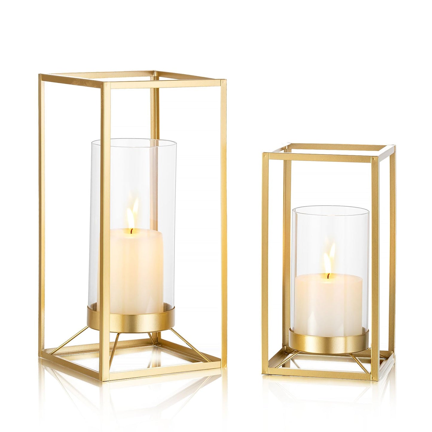 Staymoment Gold Metal Lantern Decorative Set of 2 with Hurricane Glass: Indoor Modern Farmhouse Candle Holder for Table Centerpiece Fireplace Mantles Shelf, 12" & 9"