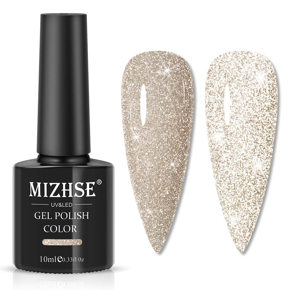 MIZHSE Reflective Glitter Gel Nail Polish, Light Gold Sparkly Shiny Gel Polish, Shimmer Nail Gel Soak Off Nail Art Manicure DIY at Home