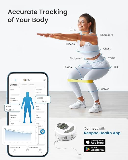 RENPHO Scale for Body Weight & Smart Tape Measure, Non-Bluetooth Solar-Powered Digital Bathroom Scale Charged by Sunlight/Indoor Lights, Body Measuring Tape for Weight Loss, 60in /150cm