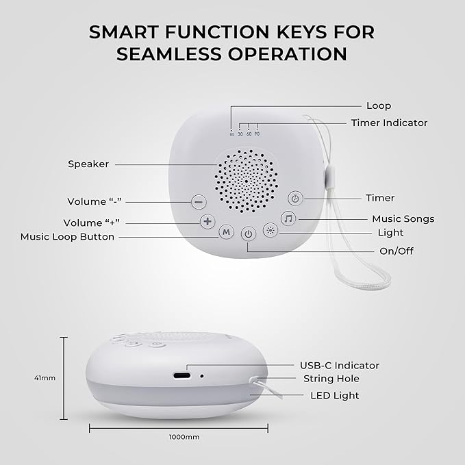 White Noise Machine | Portable Serenity Sound Machine with 20 Relaxing Sounds & RGB LED Night Lights | Compact Sleep Noise Machine for Sleep Aid and Relaxation with Adjustable Timer and Volume