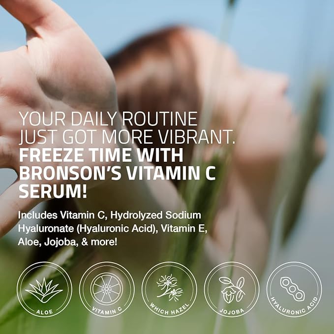 Bronson Vitamin C Serum for Face, Anti Aging Facial Serum with Premium Hyaluronic Acid, Vitamin E, Aloe & Jojoba, Hydrating & Brightening Serum for Dark Spots, Fine Lines and Wrinkles 1 oz.