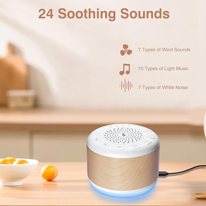 Solid Wood White Noise Sound Machine for Baby Adults Kids Sleep Sound Machine with 24 Soothing Sounds 8 Colors Night Light Timer Setting Function Portable Noise Machine for Gift (White, 3.93)