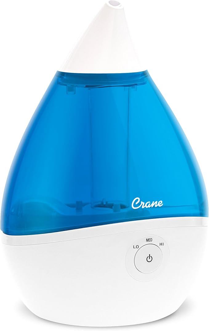 Crane Droplet Ultrasonic Teardrop Cool Mist Air Humidifier, 0.5 Gallon for Bedroom and Office, Blue and White, Nursery Humidifier