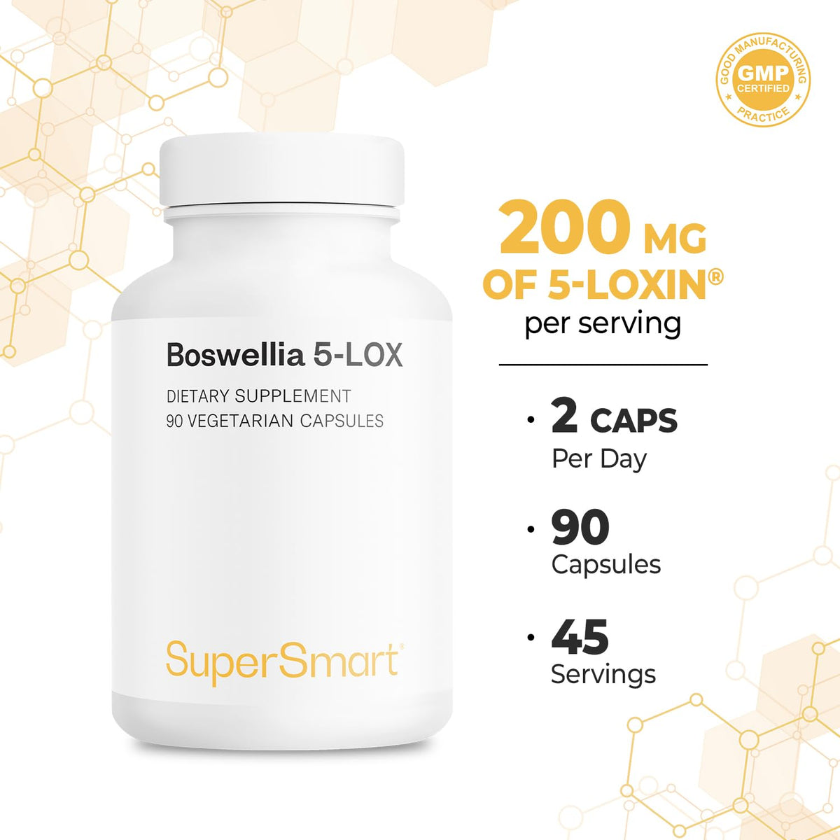 Supersmart - 5-Loxin 200mg per Day (Patented) - AKBA Supplement - 5-Loxin Boswellia Serrata Extract | Non-GMO & Gluten Free - 90 Vegetarian Capsules