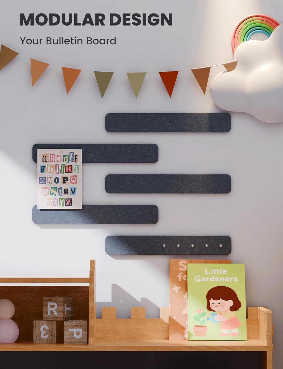 Cork Board Alternative Felt Strip Board 5-Pack 13"x2", Office Pin Board with 35 Push Pins, Adhesive Install for Bedroom Door & Home Office(Deep Charcoal Blue)