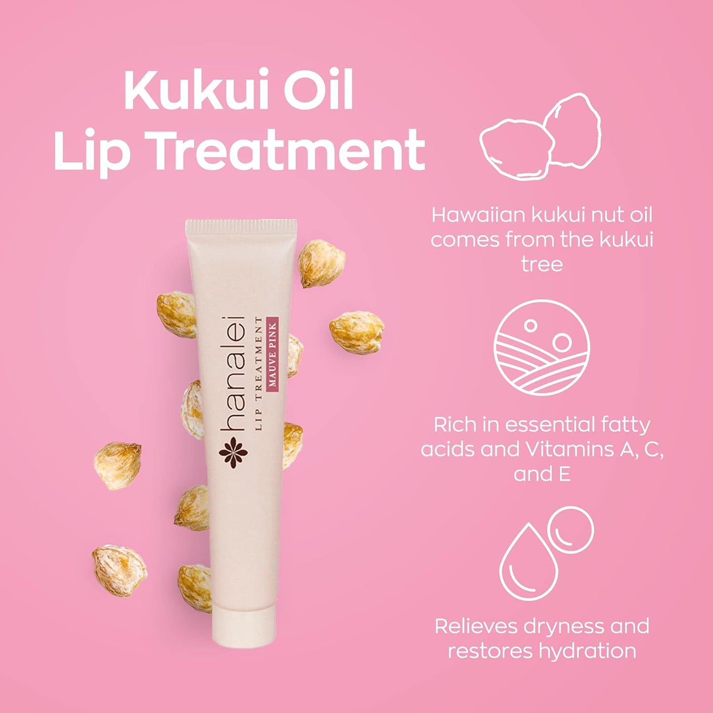 Hanalei Hydrating Lip Treatment Balm – Cruelty-Free, Paraben-Free Moisturizer for Severely Dry, Chapped Lips – Kukui Oil, Shea Butter & Grapeseed Oil –Mauve Pink Tint, Travel-Size 3-Pack (5g X 3)