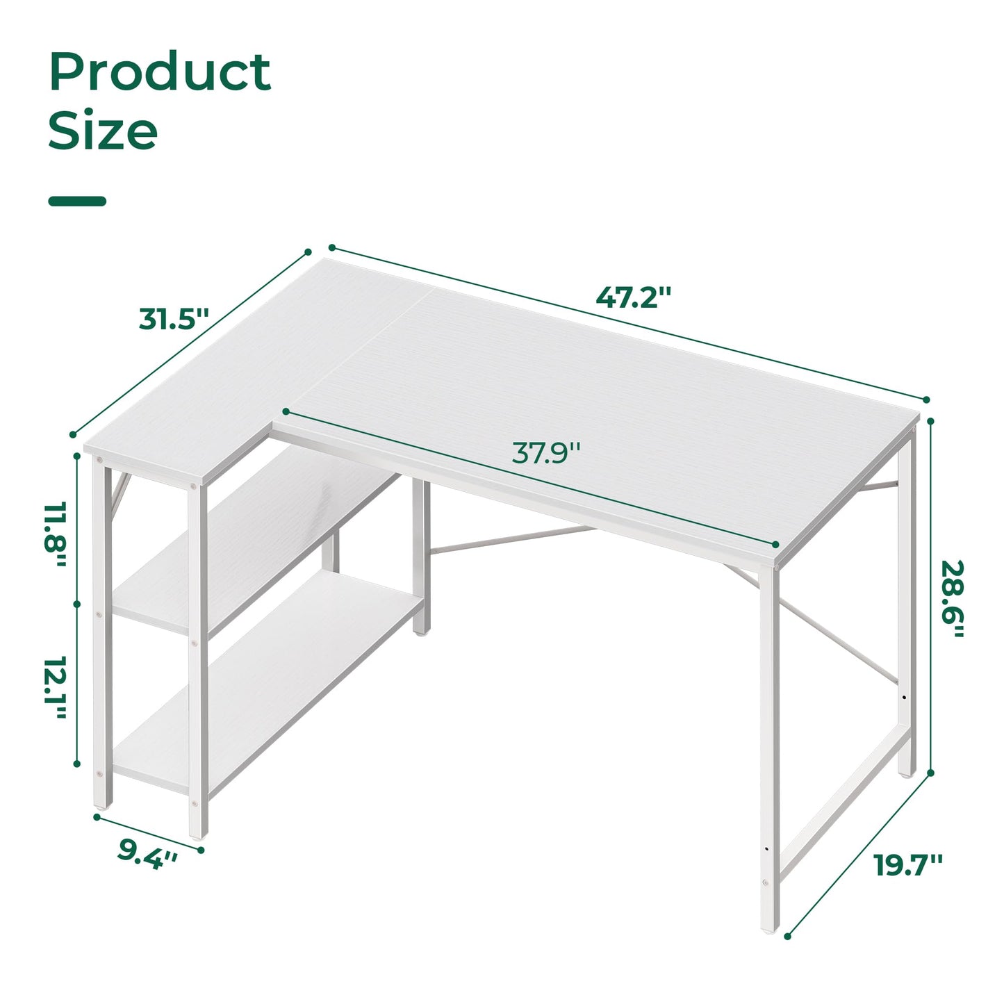 Huuger L-Shaped Desk - 47" Reversible Storage Corner Gaming Desk, Metal Frame, White