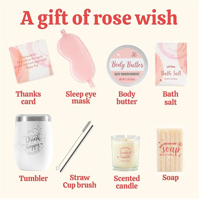 Bath & Body Rose Spa Set - 8 Pcs Gift for Women, Self Care Kit Includes Wine Tumbler, Sleep Eye Mask & More