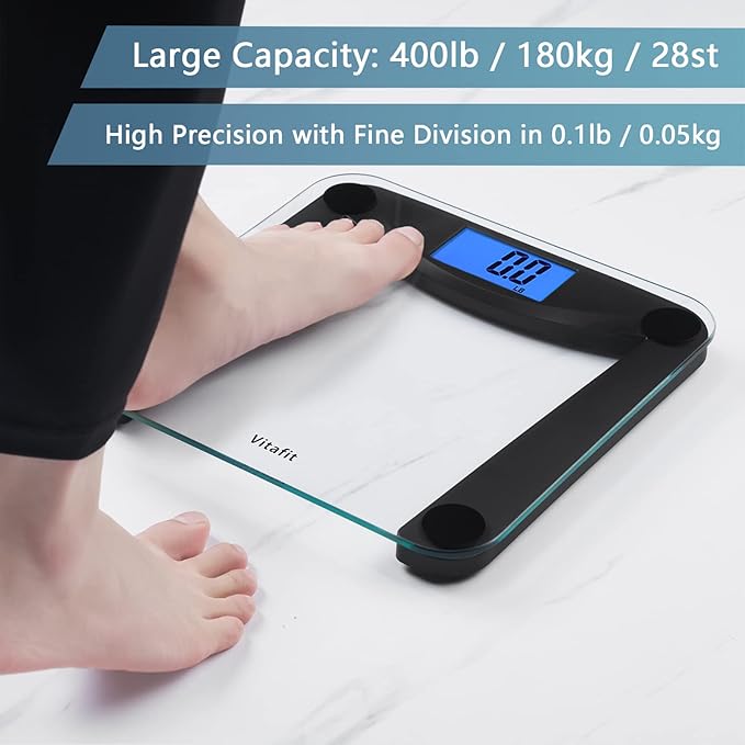 Vitafit Digital Bathroom Weight Scale for Body Weight, High Accuracy Assured by Weighing Professional Since 2001,Extra Large Blue Backlit LCD and Step-On, 400lb/180kg, Superb Black